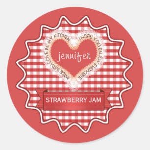 Sticker Rond Fabriqué Avec Amour En vichy Rouge