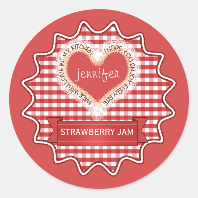 Sticker Rond Fabriqué Avec Amour En vichy Rouge (Devant)