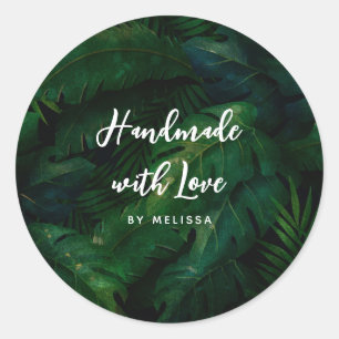 Sticker Rond Fabriqué avec Amour Feuilles Tropicales Vert Foncé