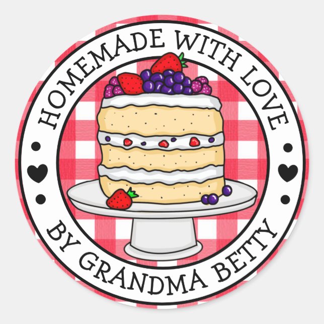 Sticker Rond Fabriqué avec amour, Gâteau en couche fait maison (Devant)