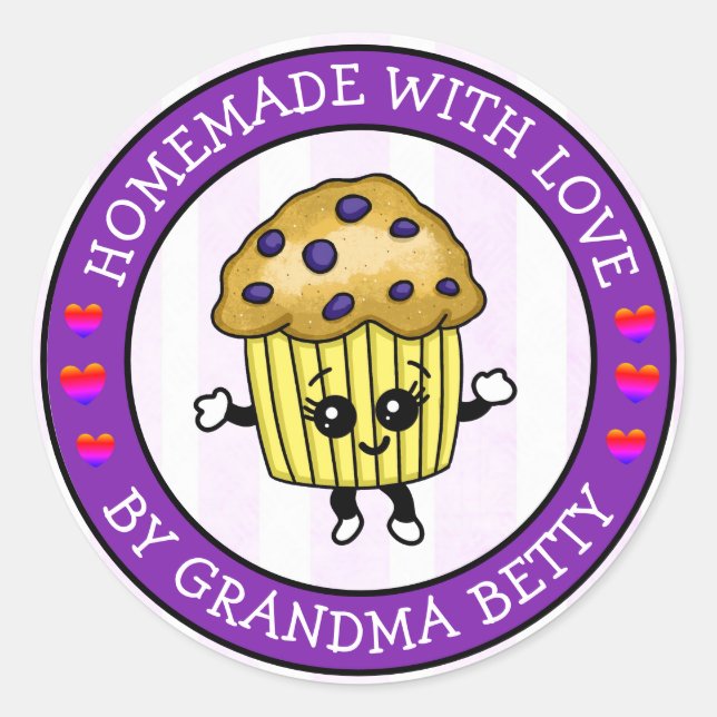 Sticker Rond Fabriqué avec amour, muffins aux bleuets faits mai (Devant)