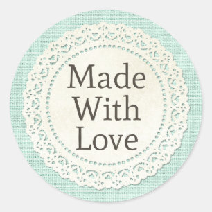 Sticker Rond Fabriqué avec amour napperon de dentelle rustique 