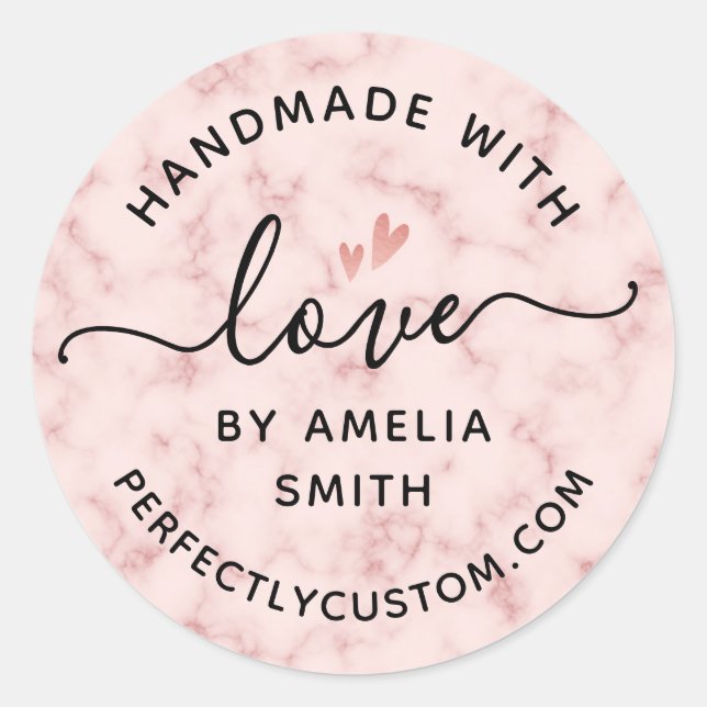Sticker Rond Fabriqué avec amour nom de coeur URL blush marbre  (Devant)