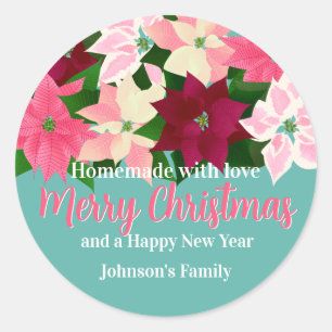 Sticker Rond Fabriqué avec amour - Poinsettias roses Noël