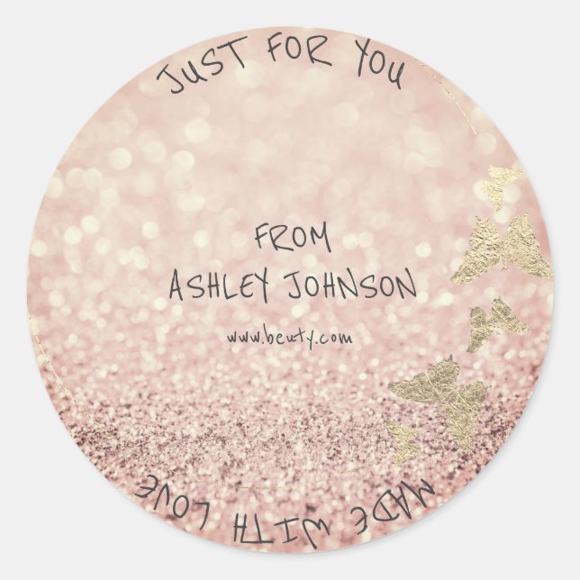 Sticker Rond Fabriqué Avec Amour Pour Vous Nom Papillon Rose Or (Devant)