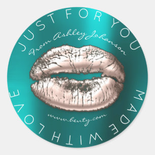 Sticker Rond Fabriqué Avec Amour Rose Kiss Rose Turquoise lèvre