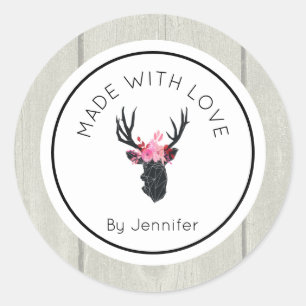 Sticker Rond Fabriqué avec amour Tête de cerf géométrique Rusti