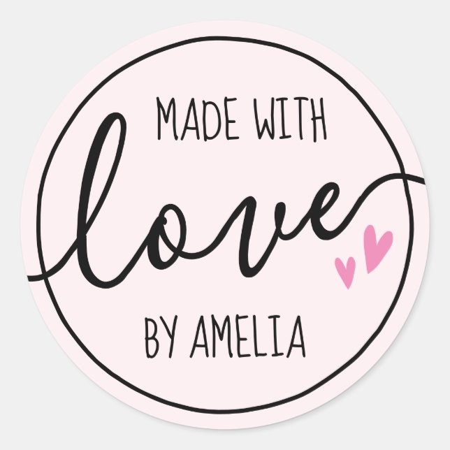 Sticker Rond Fabriqué avec coeur d'amour nom personnalisé rose  (Devant)