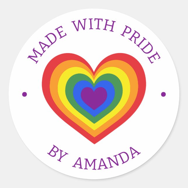 Sticker Rond Fabriqué avec Fierté LGBTQ Rainbow Heart Nom perso (Devant)