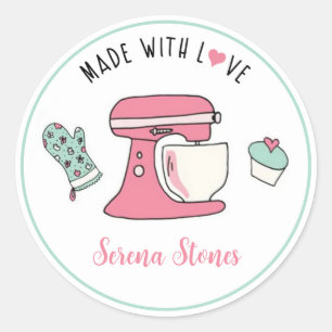 Sticker Rond Fabriqué avec l'amour / Cuit avec l'amour Pink Sti