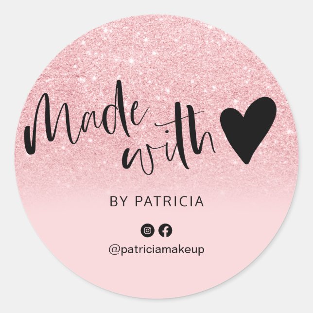 Sticker Rond Fabriqué avec l'amour script rose parties scintill (Devant)