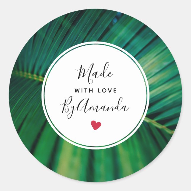 Sticker Rond Fabriqué avec l'amour Vert Feuille Tropicale Photo (Devant)