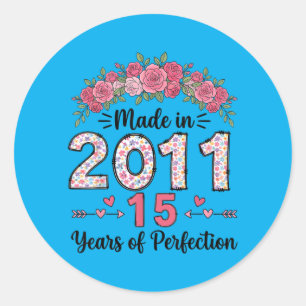 Sticker Rond Fabriqué en 2011 Fleurs Cadeaux de 15e anniversair