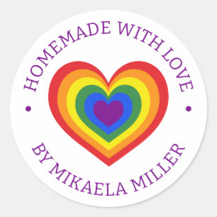 Sticker Rond Fabriqué maison avec amour Rainbow Heart Nom perso