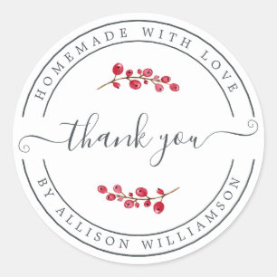 Sticker Rond Fabriqué maison avec l'amour Merci de canneberge S