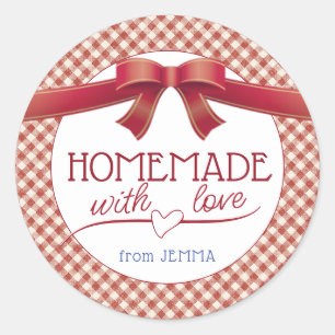Sticker Rond Fabriqué maison avec Love Red Bow et En vichy
