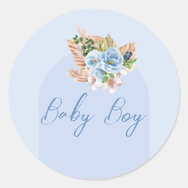 Sticker Rond Faire part de Baby Shower Boho Blue Herbe de la Pa (Devant)