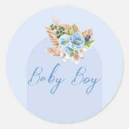 Sticker Rond Faire part de Baby Shower Boho Blue Herbe de la Pa