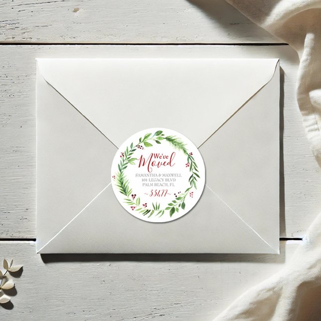 Sticker Rond Faire-part de déménagement de Noël (Christmas return address envelope seal watercolor red berries & greenery art Victoria Grigaliunas)