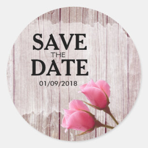 Sticker Rond Faire-Part de Mariage Bois Rustique Rose Bouddha R