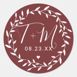Sticker Rond Faire-Part de Mariage Initiales Florales Bourgogne