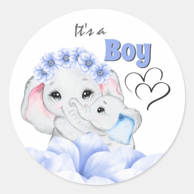 Sticker Rond Faire-part de naissance bébé éléphant bleu (Devant)