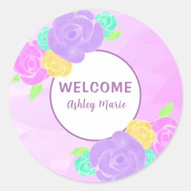 Sticker Rond Faire-part de naissance Fleurs aquarelles violette (Devant)