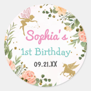 Sticker Rond Fairy And Unicorn Floral Gold Parties scintillant 