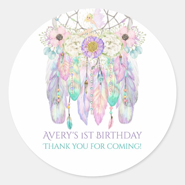 Sticker Rond Fairy Boho Dream Catcher Pastels Plumes (Devant)