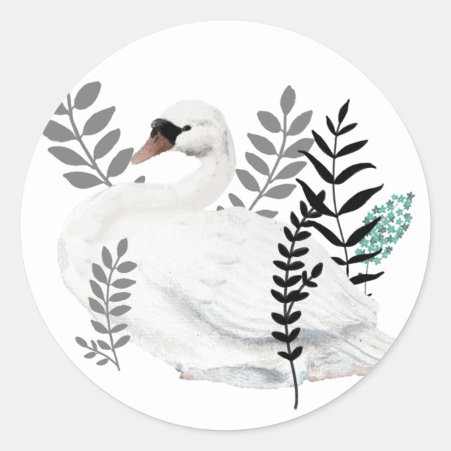 Sticker Rond Fairytale Swan Illustration Folk Botanical (Devant)