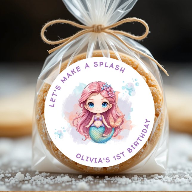 Sticker Rond Faisons une fête d'anniversaire pour les filles en (Let's Make a Splash Girls Mermaid Birthday Party Classic Round Sticker
)