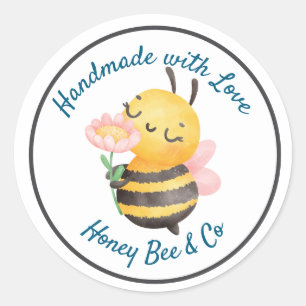 Sticker Rond Fait à la main avec Amour. Abeille Mignonne Person