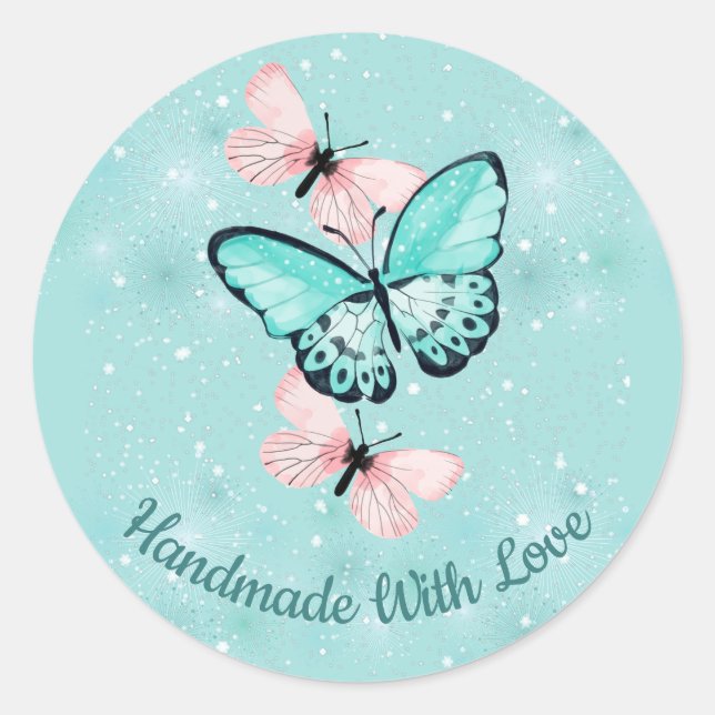 Sticker Rond "Fait à la main avec amour" avec papillons (Devant)