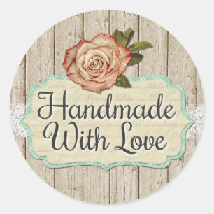 Sticker Rond Fait À La Main Avec Amour Chic Roses & Bois