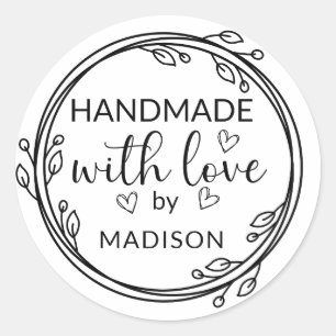 Sticker Rond Fait à la main avec amour Nom personnalisé