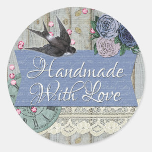 Sticker Rond Fait à la main avec amour Vintage Swallow Bird Sha