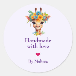 Sticker Rond Fait à la main avec l'amour Cute Giraffe avec Cour