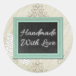 Sticker Rond Fait Main Avec Amour Tableau Noir Rustique Vintage