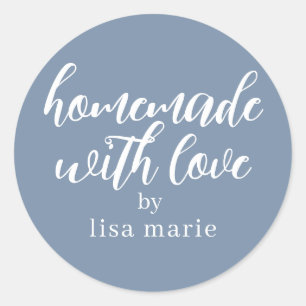 Sticker Rond Fait Maison avec Amour Cadeau Personnalisé Bleu Po