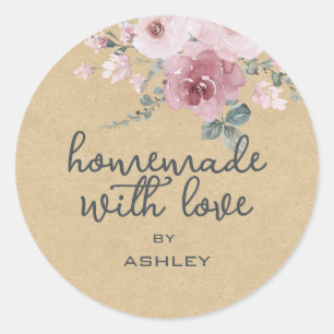 Sticker Rond Fait Maison avec Amour Fleur de Rose Papier Kraft 