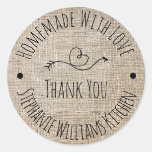 Sticker Rond Fait maison avec amour Merci en toile de jute ru