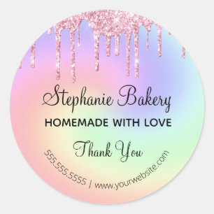 Sticker Rond Fait maison avec Amour Paillettes Roses Merci