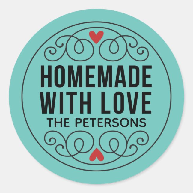 Sticker Rond Fait Maison Avec Amour Turquoise (Devant)