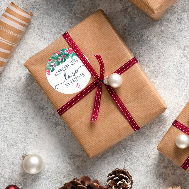 Sticker Rond Faite à la main avec amour floral Noël aquarelle (Créateur téléchargé)