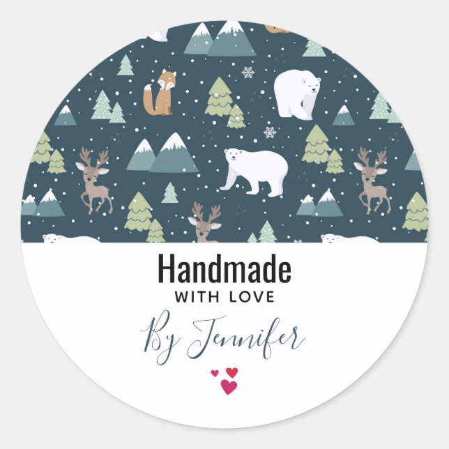 Sticker Rond Faite à la main avec l'amour mignon animaux de Noë (Devant)