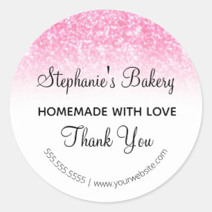 Sticker Rond Faite avec amour Paillettes roses Merci