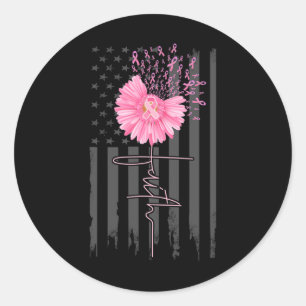 Sticker Rond Faith Pink Ribbon Daisy Flower American Flag Breas