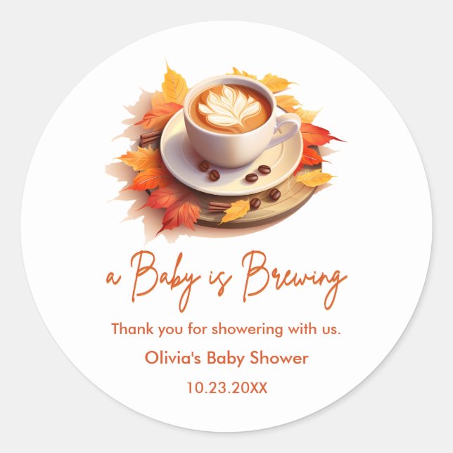 Sticker Rond Fall Autumn Baby is Brewing Baby Shower Thank You  (Devant)