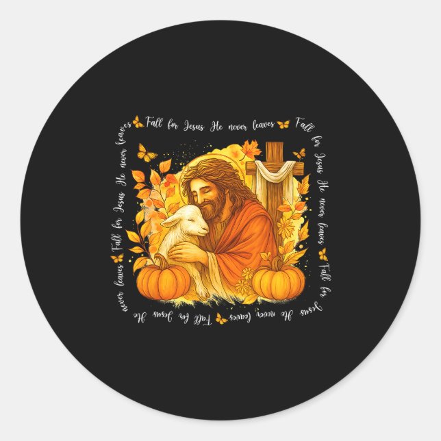 Sticker Rond Fall For Jesus He Never Leaves Retro Thanksgiving  (Devant)