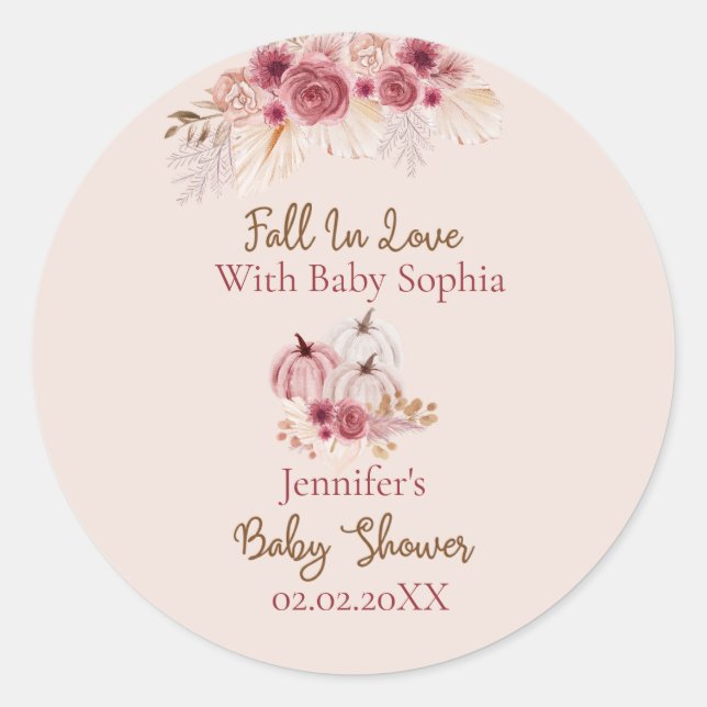 Sticker Rond Fall In Love Boho Pink Pumpkin Baby Shower (Devant)